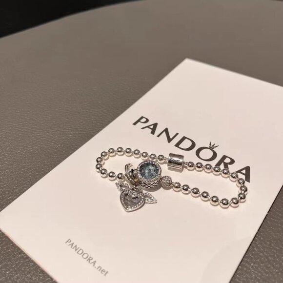Pandora Silver Beaded Bracelet with Blue Crystal & Heart Angel Charm - Picture 2 of 5